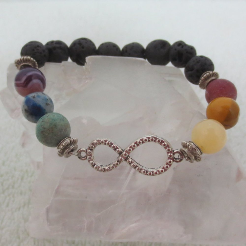 Hand Crafted Bracelet Chakra Gemstones Lava Rock Infinity Charm Stretch Unisex